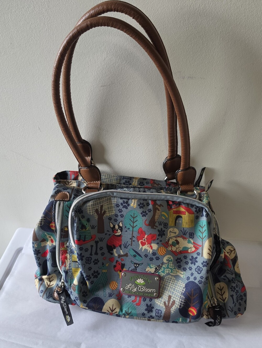 Lily Bloom "Who Let The Dogs Out" Maggie Purse Handbag Satchel Canvas Multicolor